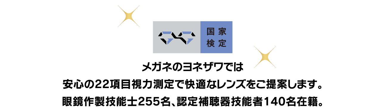 メガネのヨネザワでは安心の22項目視力測定で快適なレンズをご提案します。眼鏡作製技能士255名、認定補聴器技能者140名在籍。